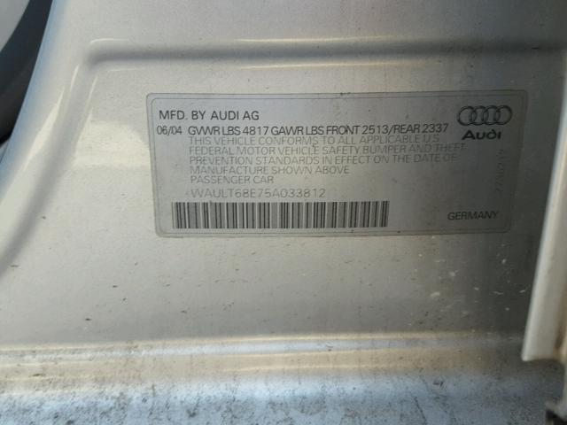 WAULT68E75A033812 - 2005 AUDI A4 3.0 QUA SILVER photo 10