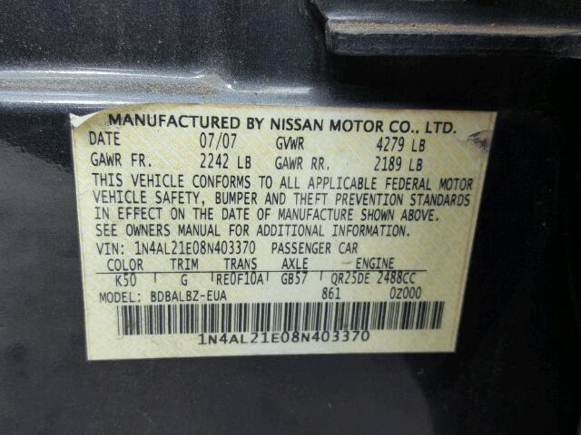 1N4AL21E08N403370 - 2008 NISSAN ALTIMA 2.5 GRAY photo 10