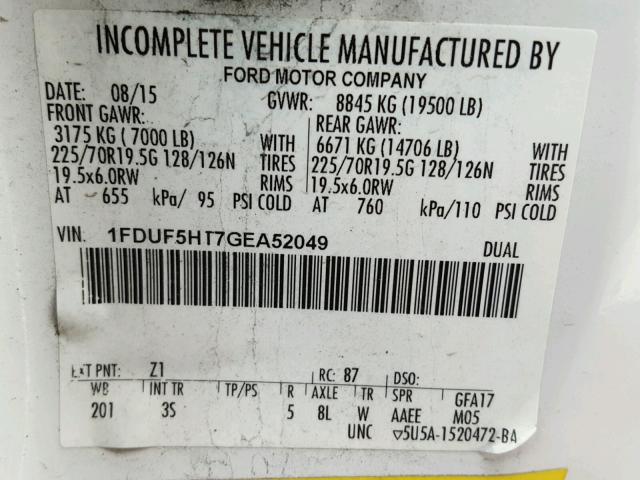 1FDUF5HT7GEA52049 - 2016 FORD F550 SUPER WHITE photo 10