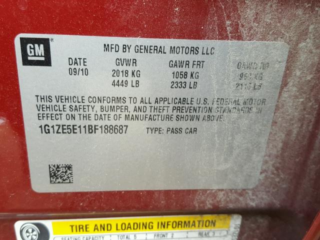 1G1ZE5E11BF188687 - 2011 CHEVROLET MALIBU LTZ 勃艮第红 照片 10