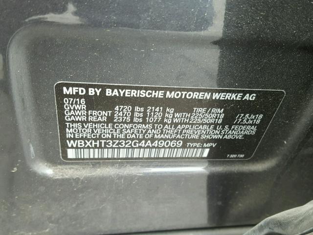 WBXHT3Z32G4A49069 - 2016 BMW X1 XDRIVE2 CHARCOAL photo 10