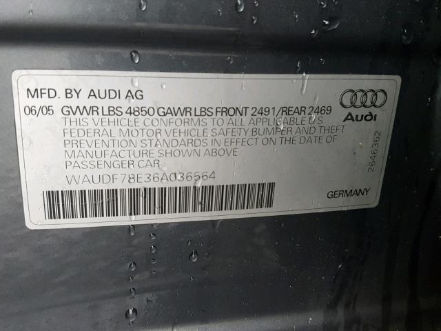 WAUDF78E36A036564 - 2006 AUDI A4 2.0T QU GRAY photo 10