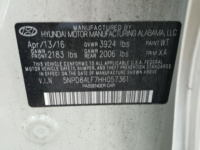 5NPD84LF7HH057361 - 2017 HYUNDAI ELANTRA SE SILVER photo 10