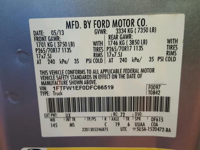 1FTFW1EF0DFC66519 - 2013 FORD F150 SUPER SILVER photo 10