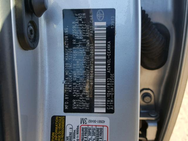 4T1BE46K77U108091 - 2007 TOYOTA CAMRY NEW SILVER photo 10