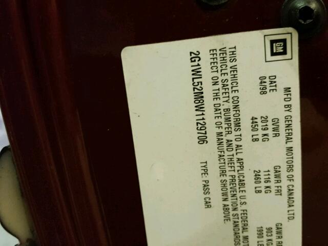 2G1WL52M8W1129706 - 1998 CHEVROLET LUMINA BAS ბურგუნდია ფოტო 10