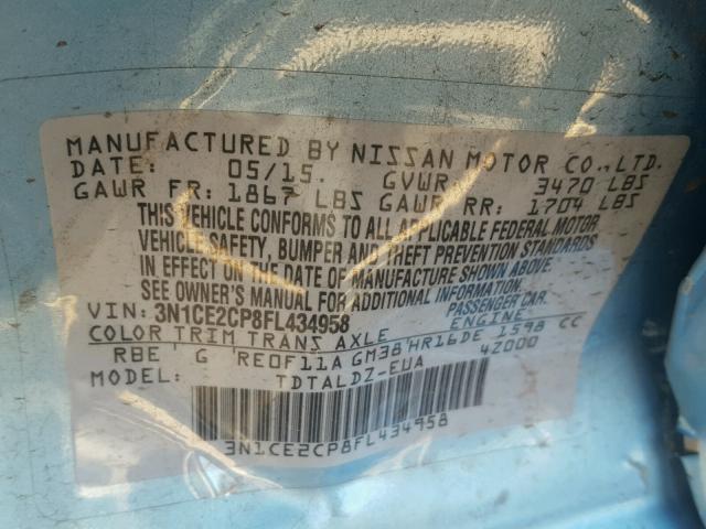 3N1CE2CP8FL434958 - 2015 NISSAN VERSA NOTE TEAL photo 10