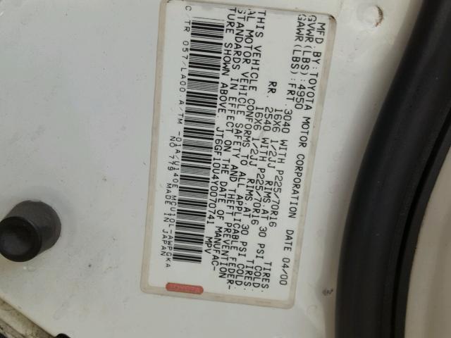 JT6GF10U4Y0070741 - 2000 LEXUS RX 300 WHITE photo 10