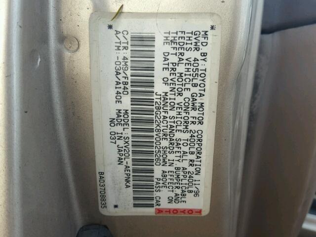 JT2BG22K8V0025260 - 1997 TOYOTA CAMRY LE GOLD photo 10