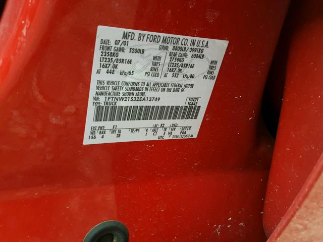 1FTNW21S32EA13749 - 2002 FORD F250 SUPER RED photo 10