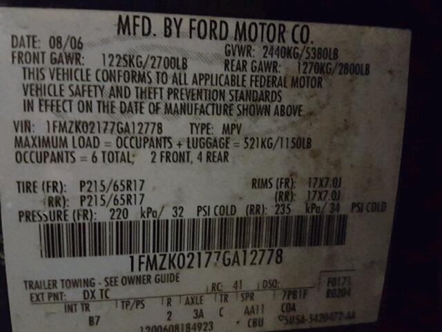 1FMZK02177GA12778 - 2007 FORD FREESTYLE BLUE photo 10