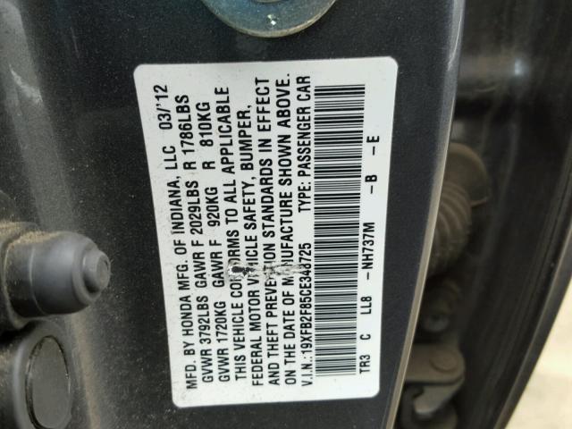 19XFB2F85CE348725 - 2012 HONDA CIVIC EX CHARCOAL photo 10