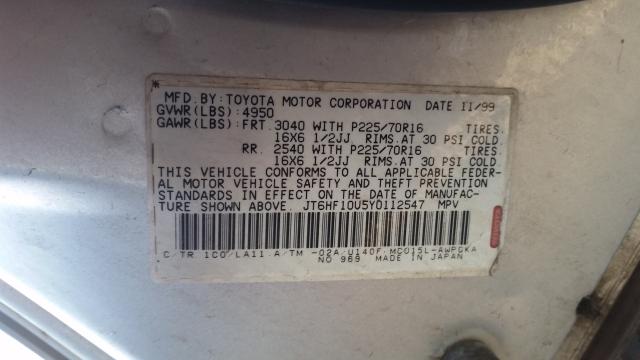 JT6HF10U5Y0112547 - 2000 LEXUS RX 300 SILVER photo 10