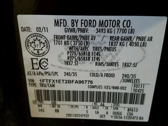 1FTFX1ET2BFA96776 - 2011 FORD F150 SUPER BLACK photo 10