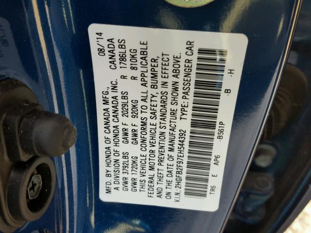 2HGFB2F97EH544392 - 2014 HONDA CIVIC EXL 蓝色 照片 10