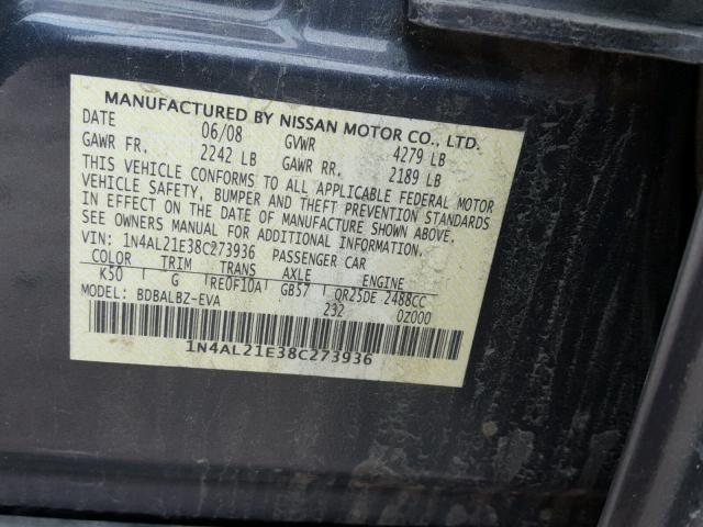 1N4AL21E38C273936 - 2008 NISSAN ALTIMA 2.5 GRAY photo 10