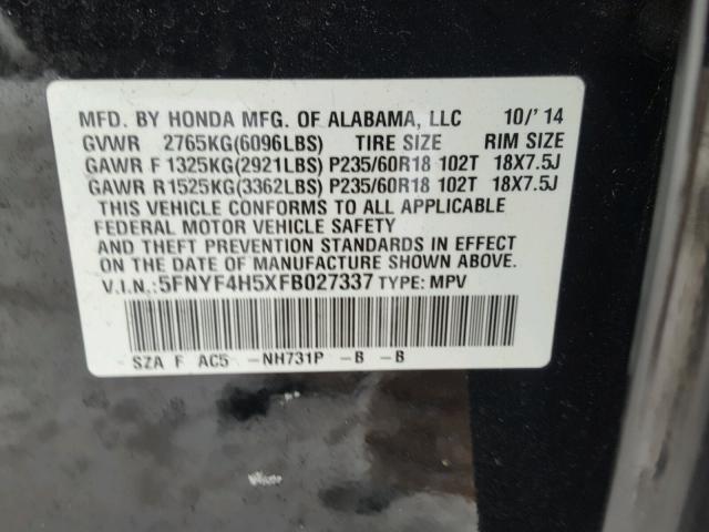 5FNYF4H5XFB027337 - 2015 HONDA PILOT EXL BLACK photo 10