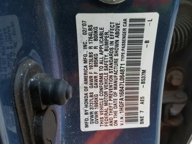1HGFA16847L064871 - 2007 HONDA CIVIC EX 蓝色 照片 10