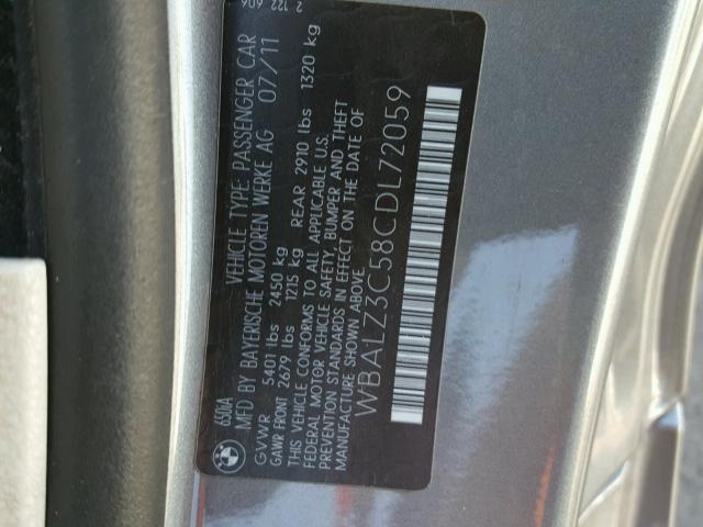 WBALZ3C58CDL72059 - 2012 BMW 650 I GRAY photo 10