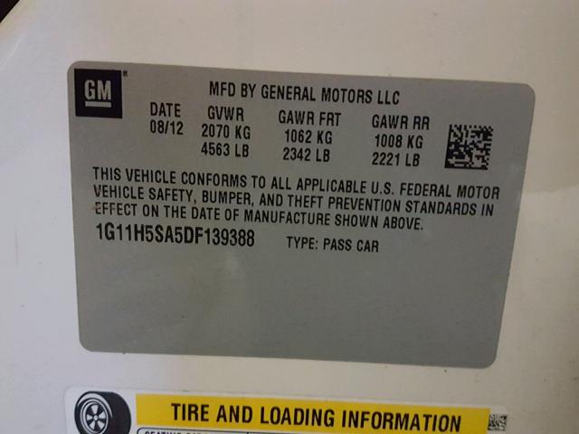 1G11H5SA5DF139388 - 2013 CHEVROLET MALIBU LTZ 白色 照片 10