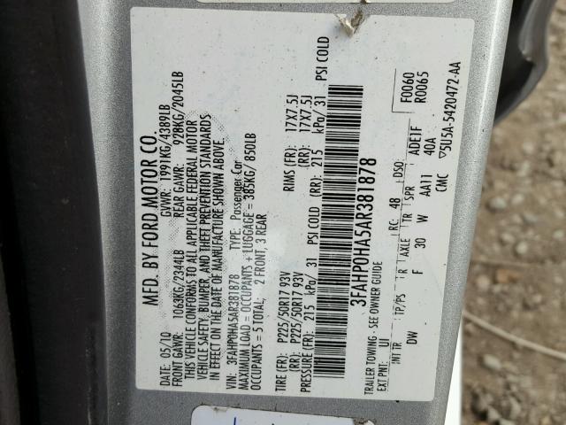 3FAHP0HA5AR381878 - 2010 FORD FUSION SE SILVER photo 10