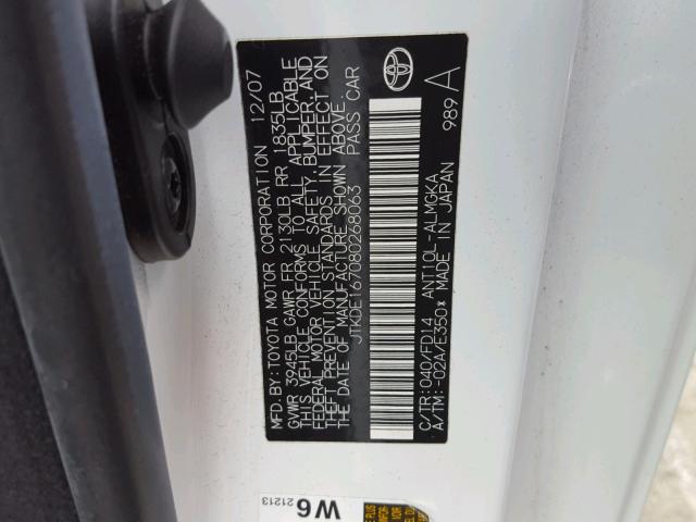 JTKDE167080268063 - 2008 SCION TC თეთრი ფოტო 10