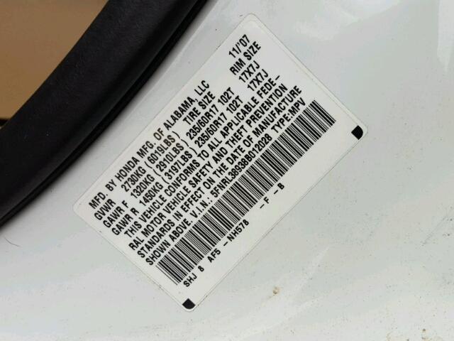 5FNRL38938B012028 - 2008 HONDA ODYSSEY TO WHITE photo 10