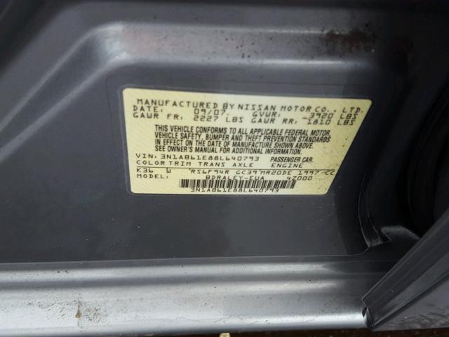 3N1AB61E88L640793 - 2008 NISSAN SENTRA 2.0 SILVER photo 10