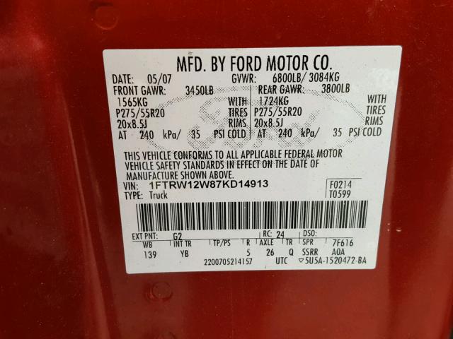 1FTRW12W87KD14913 - 2007 FORD F150 SUPER BURGUNDY photo 10