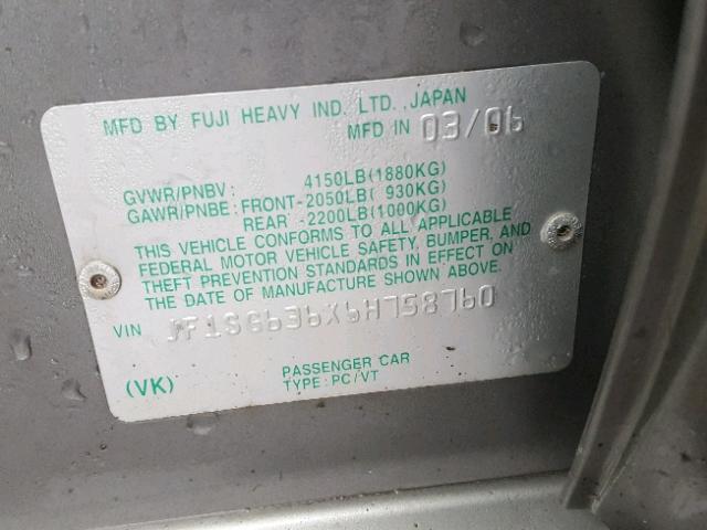 JF1SG636X6H758760 - 2006 SUBARU FORESTER 2 GRAY photo 10