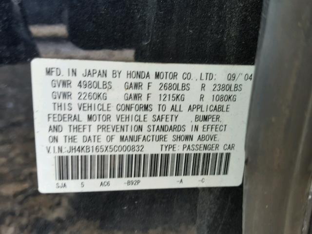 JH4KB165X5C000832 - 2005 ACURA RL BLACK photo 10