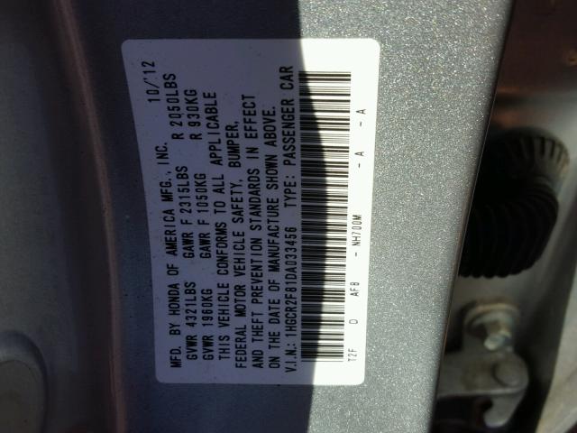 1HGCR2F81DA033456 - 2013 HONDA ACCORD EXL SILVER photo 10