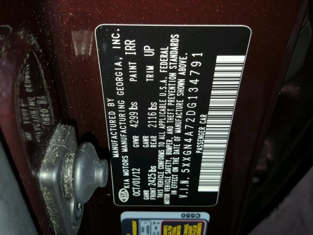 5XXGN4A72DG134791 - 2013 KIA OPTIMA EX BURGUNDY photo 10