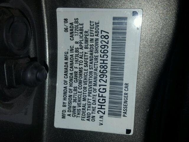 2HGFG12968H569287 - 2008 HONDA CIVIC EXL 灰色 照片 10