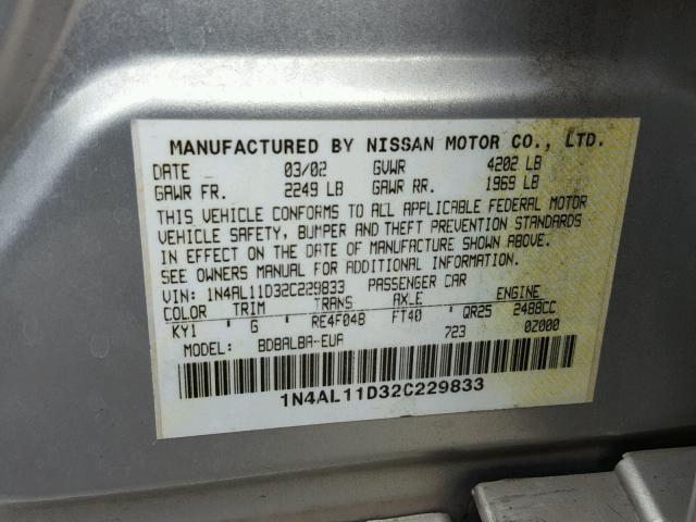 1N4AL11D32C229833 - 2002 NISSAN ALTIMA BAS SILVER photo 10