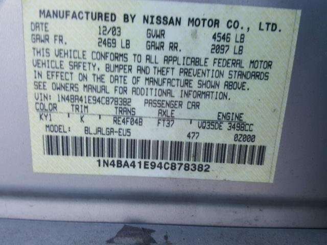 1N4BA41E94C878382 - 2004 NISSAN MAXIMA SE SILVER photo 10