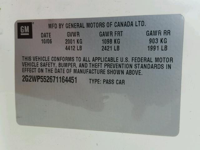 2G2WP552671164451 - 2007 PONTIAC GRAND PRIX Սպիտակ լուսանկար 10
