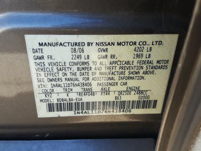 1N4AL11D76N438406 - 2006 NISSAN ALTIMA S GOLD photo 10