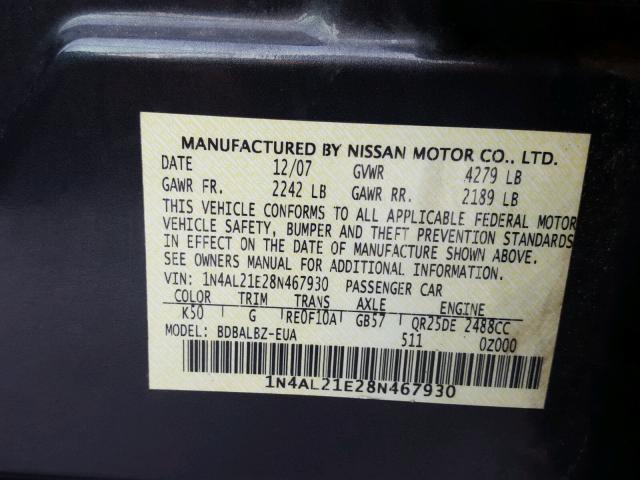 1N4AL21E28N467930 - 2008 NISSAN ALTIMA 2.5 GRAY photo 10