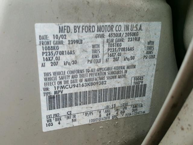 1FMCU94163KB09382 - 2003 FORD ESCAPE LIM CREAM photo 10