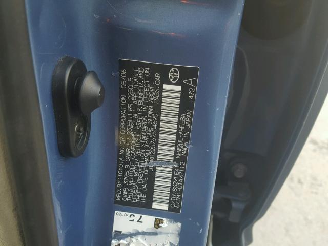 JTDKB22U767504690 - 2006 TOYOTA PRIUS BLUE photo 10