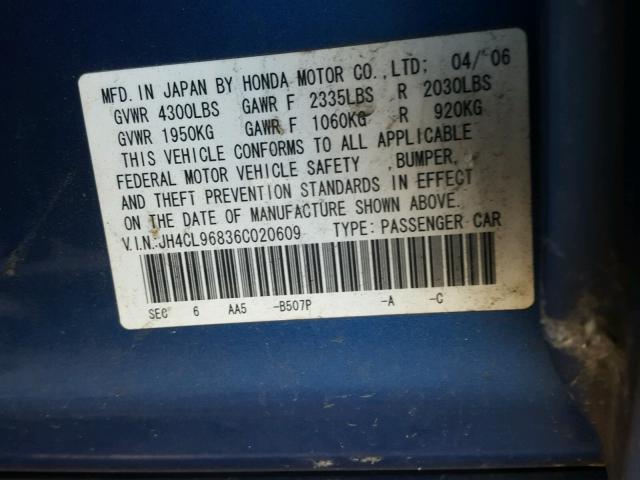 JH4CL96836C020609 - 2006 ACURA TSX BLUE photo 10