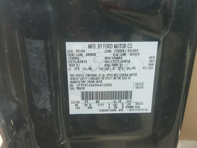 1FTPX14565NA12203 - 2005 FORD F150 GREEN photo 10