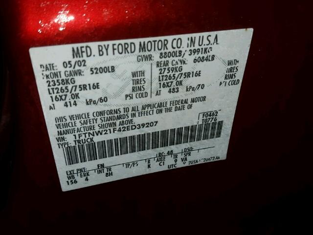 1FTNW21F42ED39207 - 2002 FORD F250 SUPER MAROON photo 10