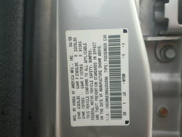 1HGCM66396A054584 - 2006 HONDA ACCORD LX SILVER photo 10