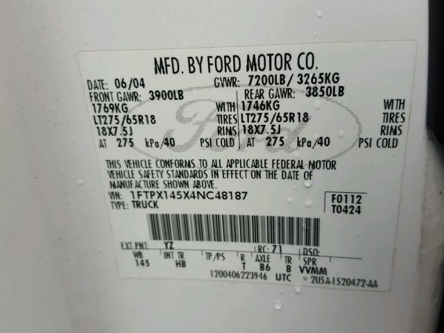 1FTPX145X4NC48187 - 2004 FORD F150 WHITE photo 10