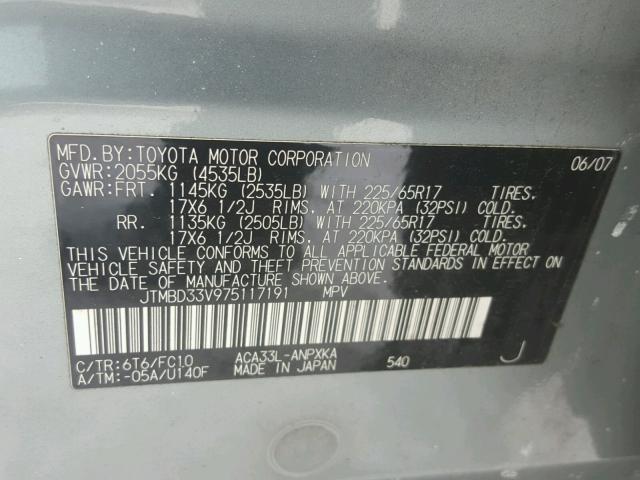 JTMBD33V975117191 - 2007 TOYOTA RAV4 TEAL photo 10