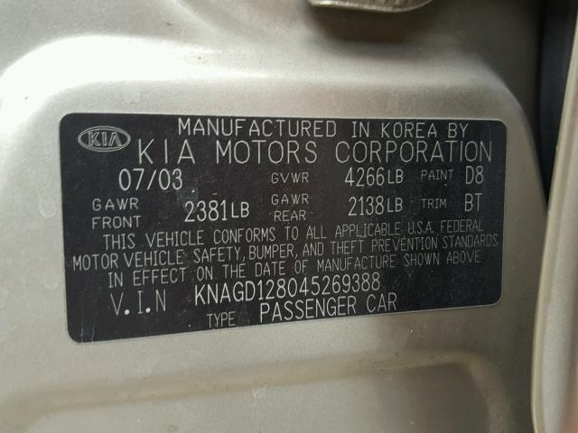 KNAGD128045269388 - 2004 KIA OPTIMA TAN photo 10