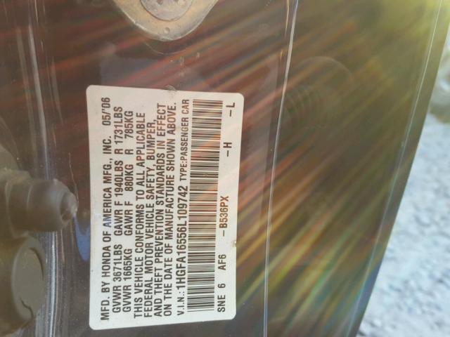 1HGFA16556L109742 - 2006 HONDA CIVIC LX 蓝色 照片 10