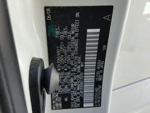 JTJBT20X080170070 - 2008 LEXUS GX 470 WHITE photo 10